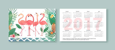 Tropical pocket calendar 2017 with flamingos, palm trees, flowers. Calendar template. Week starts on Mondayのイラスト素材
