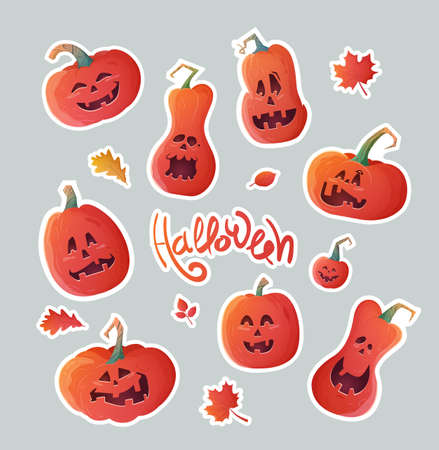 Set of stickers for Halloween. Vector illustration of pumpkins. Stickers can be used for advertising, parties, press.のイラスト素材