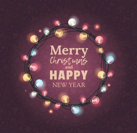 Elegant Christmas wreath with lettteringom Merry  and Happy New Year.のイラスト素材