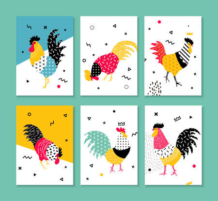 A set of cards for the holidays with a rooster in the style of the 90s. Illustration with bright elements Memphis and geometric shapes. Rooster symbol 2017. Set 1.のイラスト素材