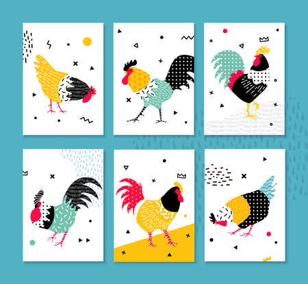 A set of cards for the holidays with a cock in the Memphis style. Illustration of birds with geometric shapes. Rooster symbol 2017. Set 2.のイラスト素材