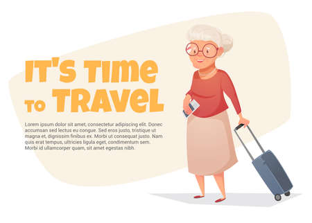 An old woman with a suitcase in her hand. A place for text is now a time for adventure. Vector illustration.のイラスト素材