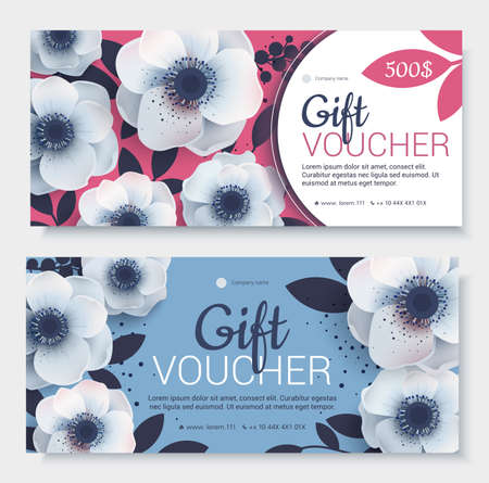 Gift voucher, coupon template. Bright colors, Template for design certificate. Background for invitations, shop, beauty salon, spa. Blue with pink vector elegant.のイラスト素材