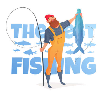 A man with a beard in a yellow overalls caught a big fish. Vector illustration for the magazine fishing. Fisherman on the background of the text.のイラスト素材