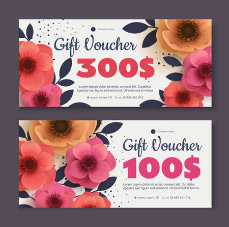 Elegant gift voucher, coupon template. Template for the design certificate. Background for invitations, shop, beauty salon, spa, banner. Beautiful vector flowers.のイラスト素材