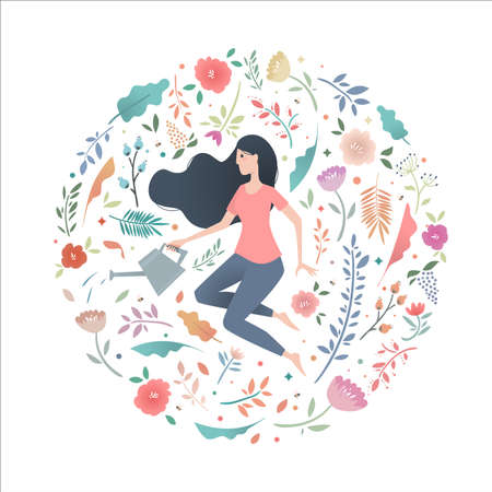Young woman in a circle of flowers with a garden watering can. Sleek design. Vector print fabric, baby clothes, cover, book, coloring.のイラスト素材