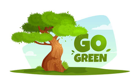 Vector illustration of a tree with text "o green. Green trees with large crowns. You can use image for websites and printing.のイラスト素材