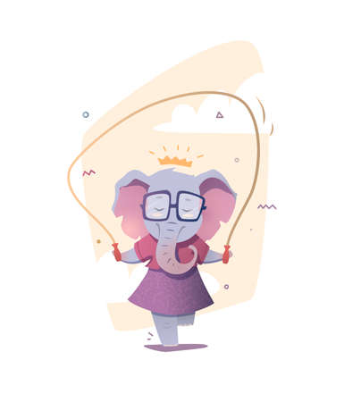 Elephant character drawn vector illustration. Cute Elephant girl jumping rope. Elephant can be used for baby or t-shirt design, baby clothes, magazine.のイラスト素材