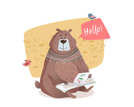 Bear reading a book. Bear Character to print on a T-shirt, leaflet, poster, cover, book, printed on fabric. Vector illustration for children.のイラスト素材