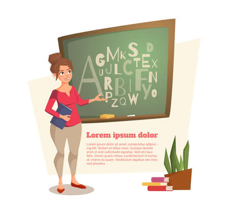 A female teacher shows on the board where the letters are written. A young woman smiles and leads a lesson. The banner can be used on the website, magazine. Vector illustration. There is room for text.のイラスト素材