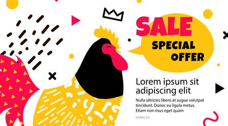 Bright banner design template with a cock. Rooster symbol 2017. Banner set for sale with a large space for text.のイラスト素材