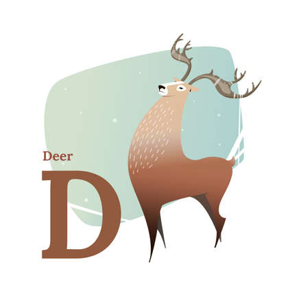 Animal alphabet vector. Flat style. Brown deer standing on the letter D. Educational glossary. Character the deer for children's books, textbooks, illustrating. Cartoon style.のイラスト素材