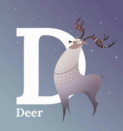 Animal alphabet vector. Flat style. Reindeer standing on a blue background, letter D behind. Educational glossary. North White Deer for children's books, textbooks, illustrating.のイラスト素材