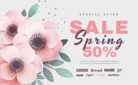 Spring sale with beautiful hand drawn flowers. Vector illustration banner.のイラスト素材