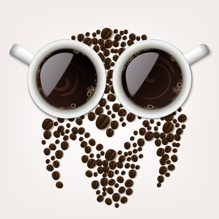 Two cups of coffee with coffee beans forming an owl symbolのイラスト素材