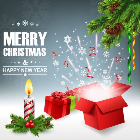 Open gift box with bright light and confetti, christmas backgroundのイラスト素材
