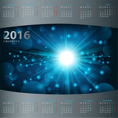 Calendar 2016 design template with light shining background. Week starts Mondayのイラスト素材