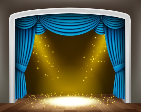 Blue curtain of classical theater with gold spotlights and sprinkles on wood floorのイラスト素材