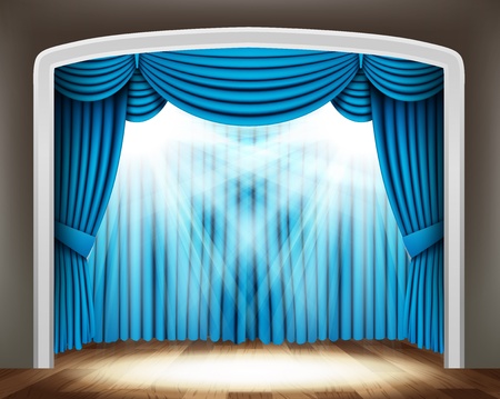 Blue curtain of classical theater with spotlights on wood floorのイラスト素材