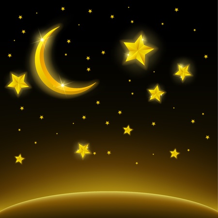 Golden crescent moon and stars on space backgroundのイラスト素材