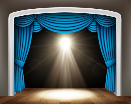 Blue curtain of classical theater with spotlights on wood floorの写真素材