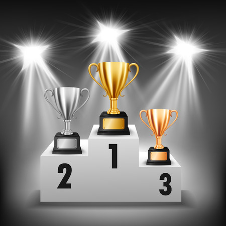 Winner Podium with 3 trophies with illuminated spotlights, Vector Illustrationのイラスト素材
