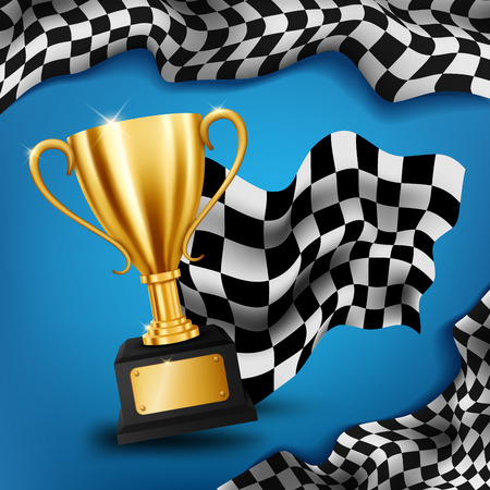 Realistic Golden Trophy with Checkered flag racing championship background, Vector Illustrationのイラスト素材