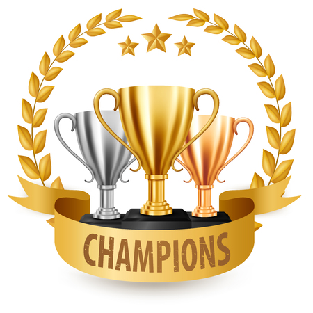 Realistic Golden, silver and bronze Trophies with Gold Laurel Wreath and ribbon, Vector Illustrationのイラスト素材