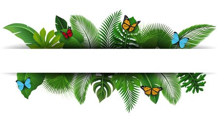 Sign with text space of Tropical Leaves and butterflies. Suitable for nature concept, vacation, and summer holidayのイラスト素材