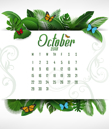 Calendar October 2018 with tropical concept. Vector Illustrationのイラスト素材