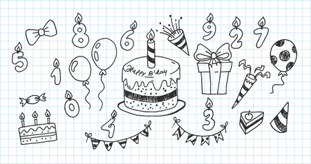 Artistic collection of hand drawn birthday set. Isolated and real pen sketch. Vector Illustrationのイラスト素材