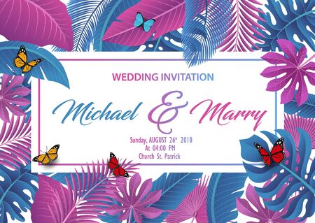 Wedding invitation with Tropical Leaves concept. Vector Illustrationのイラスト素材