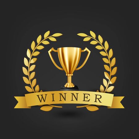 Realistic Golden Trophy with Gold Laurel Wreath and Winner text on gold ribbon, Vector Illustrationのイラスト素材