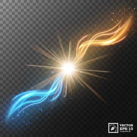 Blue and yellow lights collide causing sparks of light, on a transparent background, isolated and easy to edit. Vector Illustrationのイラスト素材