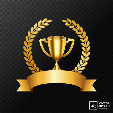 Realistic Golden Trophy with Gold Laurel Wreath and gold ribbon. Vector Illustrationのイラスト素材
