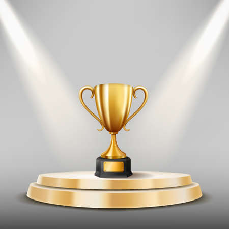 Champion Trophy on stage and illuminated spotlights, Vector Illustrationのイラスト素材