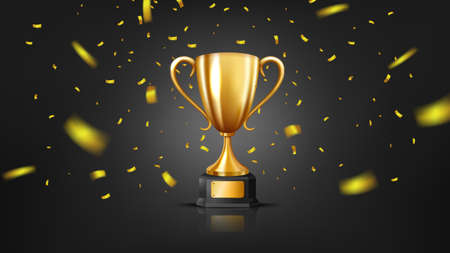Realistic Golden Trophy surrounded by falling confetti, isolated on white background. Vector Illustrationのイラスト素材