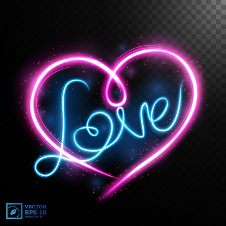 Heart Shape and Love Text Light Motion Effect Sets, Isolated on Transparent Pattern, Vector Illustrationのイラスト素材