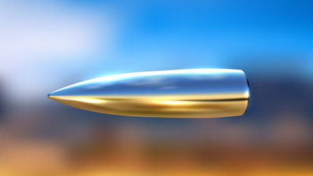 Realistic Flying Bullet with Reflection on Blurred Savanna Background, Vector Illustrationのイラスト素材