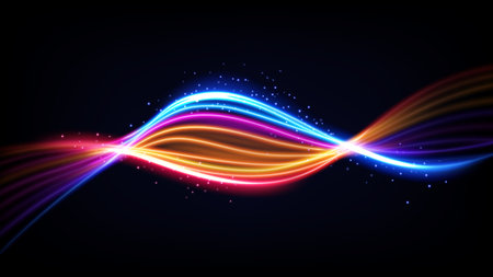 Abstract Multicolor Wavy Line of Light, Isolated on Dark Background, Vector Illustrationのイラスト素材
