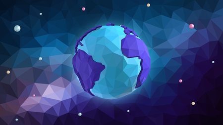 Polygonal Geometric Space with Low Poly Earth on Nebula Background, Widescreen Vector Illustrationのイラスト素材