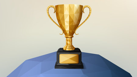 Low Poly Golden Trophy Isolated on Globe Circle Background, Polygonal Geometric Widescreen Vector Illustrationのイラスト素材
