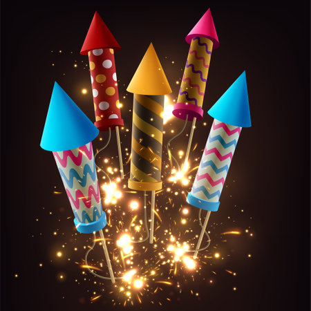 Realistic Firecrackers with Light Explosive Effect, Firework Rockets with Sparkling Fireworks Explosions, Vector Illustrationのイラスト素材