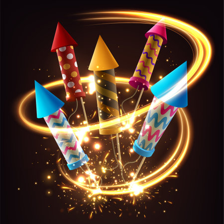 Realistic Firecrackers with Light Explosive Effect, Firework Rockets with Sparkling Fireworks Explosions, Vector Illustrationのイラスト素材
