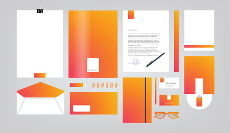 company style for brand book and guideline. Folder, pen, envelope, business card, CD disc, flash memory card, pencil, ruler, glasses, and blank sheet.のイラスト素材