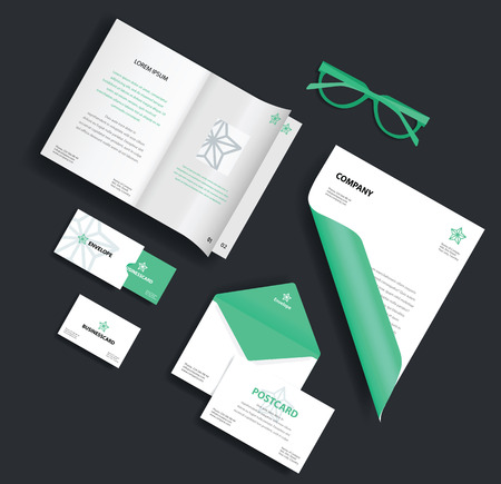Corporate identity template. Vector company style for brand book and guideline. Envelope, business card, glasses, postcard and blank sheet.のイラスト素材