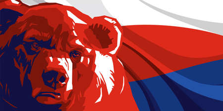 Angry bear against the backdrop of the Russian flagのイラスト素材