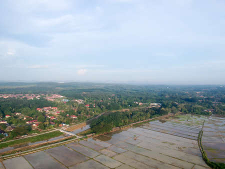 Aerial Photo - Bird's eye view of the paddy field after harvest at morning.の写真素材