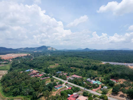 Aerial Photo - Bird's eye view of the village with the beautiful sky and sunrise moment.の写真素材