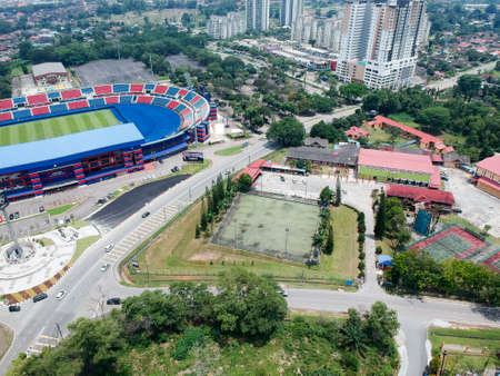 Aerial Photo - Bird's eye view of the Tan Sri Dato' Haji Hassan Yunos Stadium, also simply known as Larkin Stadium, is a multi-purpose stadium in Larkin, Johor Bahru, Johor, Malaysiaのeditorial素材